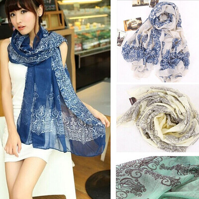 

Women's Chiffon Blue and White Porcelain Print Long Big Wraps Scarf Autumn