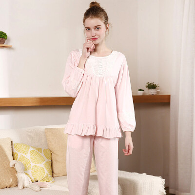 

Jingdong supermarket] red beans home (Hodohome) home service pajamas women 2017 spring and summer new cotton long-sleeved lace bow set pink 160 / 84A