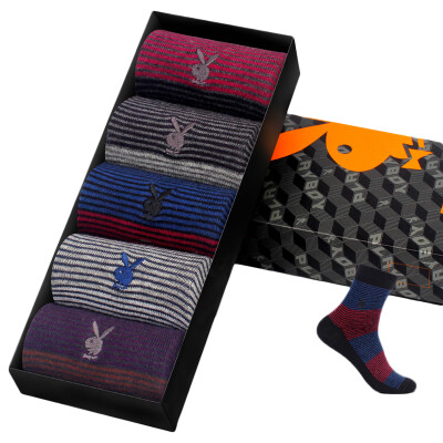 

Playboy PLAYBOY 2668 male socks cotton in the cylinder sports business casual breathable striped cotton socks 5 double gift boxed navy blue group multi-color