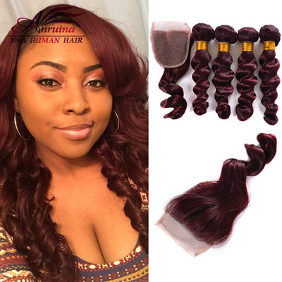 

8a Brazilian Virgin Hair With Closure Red Human Hair Weave 3 Bundles With Closure 99j Brazilian Loose Wave With Closure
