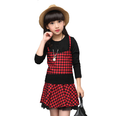 

The school of Tong Yu bears girls autumn suit 2016 New England plaid skirt girl 5-67-89-10 long sleeved two sets of win