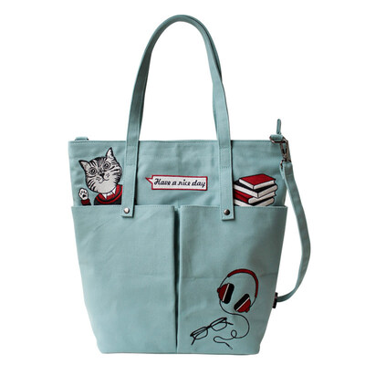 

Flower princess pockets cat cat embroidery big shoulder shoulder towel canvas bag 1701T005 mint green