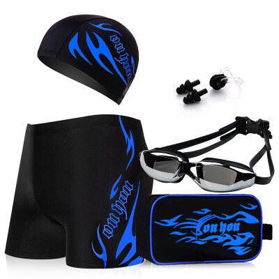 

You swim trunks men&39s suits all-around swimsuit myopia goggles swimming cap five pieces of flame set Z25102 black blue fire 2XL code 300 degrees myopia