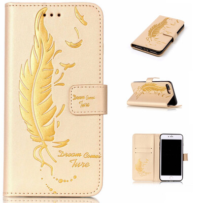 

Golden Plumes and birds Embossed PU Leather Wallet Case Classic Flip Cover with Stand Function and Credit Card Slot for IPHONE 7 P