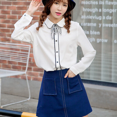 

Longyue Women Korean Fashion Wild Bowknot Chiffon Long Sleeve Shirt LWCC172414 White