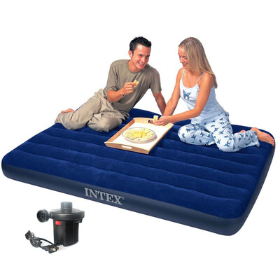 

INTEX inflatable mattress double large blue flocking thick outdoor camping tent air mat bed folding bed 203x183x22cm