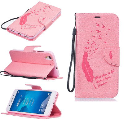 

Pink Feathers and birds Style Embossing Classic Flip Cover with Stand Function and Credit Card Slot for HUAWEI Honor 5A/Y6 II