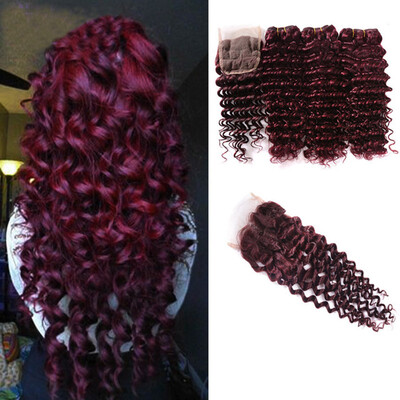 

Mink Brazilian Hair With Closure 3 Bundles Brazilian Deep Wave With Closure 99J Red Virgin Human Hair Bundles With Lace Closure