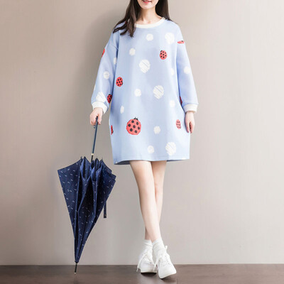 

City Plus CITYPLUS Arts & Crafts Seven Lady Ladybugs Arts Circle Ladies Print Long Sleeve Sweater CWWY173350 Blue L