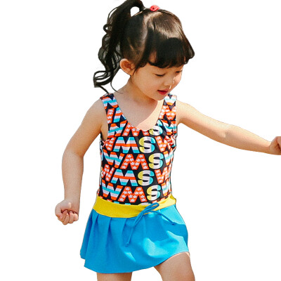 

Qiaohai (QIHAI) 6614-3 large size children's piece skirt swimsuit cute letters fashion was thin hot spring swimsuit girl blue  code