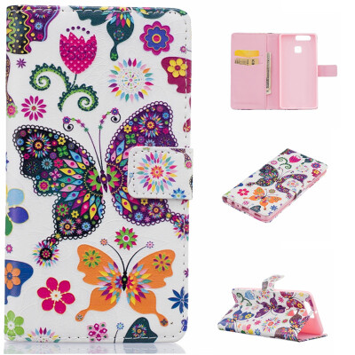 

Colorful Butterfly Design PU Leather Flip Cover Wallet Card Holder Case for HUAWEI P9