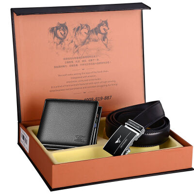 

Seven wolves men&39s belt gift box first layer of leather short wallet automatic buckle leather belt men&39s fashion simple package L9833 black brown