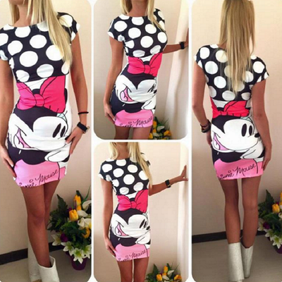 

Summer Dress 2016 Fashion Women Heart Mickey Cartoon Print Bandage Bodycon Pencil Dress Woman Party Club Mini Dress Robe