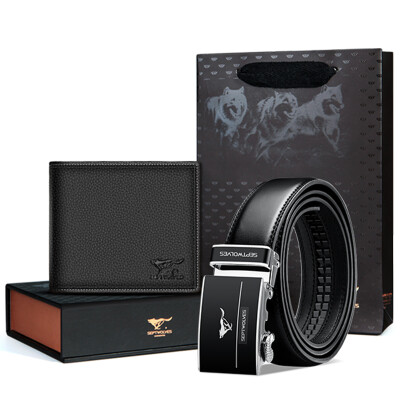 

Seven Wolves Men's Belt Gift Set Automatic Buckle Leather Belt Male + First Cowboy Men's Wallets Belt Gift Set L9427 Black