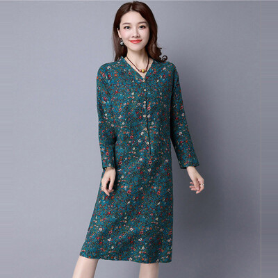 

3 Colors 2XL Plus Size Loose Dress 2016 Floral Print Cotton And Linen Dresses For Party Fashion Autumn Dresses