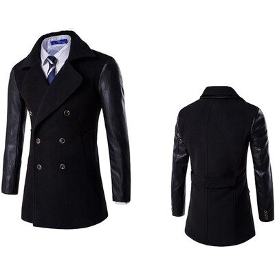 

Winter Men Double-breasted Pu Sleeve Stitching Double Collar Coat