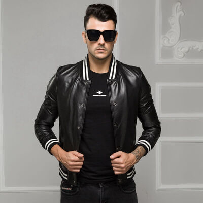 

Mens leather jacket long sleeve autumn witer genuine sheepskin coat real leather the newest loose style with stand collar
