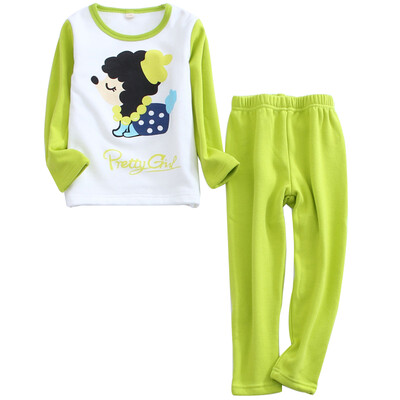 

(KIDS MAM & DAD) children's warm home clothing suit boys and girls plus velvet thickening underwear suit autumn clothes Qiuku 50937 fruit green 130