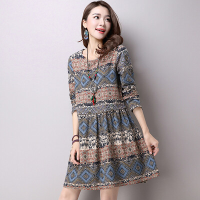 

2 Colors M-2XL Plus Size Women Autumn Dress 2016 Fashion Chinese Style Print Full Mimi Dresses