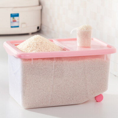 

Arsto rice barrel storage box moisture-proof pest-proof 10 kg sliding rice mills mills flour box grain box with pulley 5183 feeding cup pink