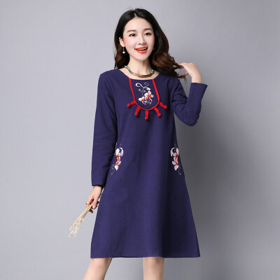 

Famous Brand Women Dress 2016 New Chinese Style Autumn Dress Fashion Print Full Embroidery Loose Dresses