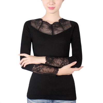 

Winter long sleeved shirt female knitted lace sleeve head thread solid low collar slimming inner wear backing women underwear