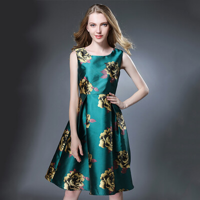 

2016 New Trendy Print Ball Gown Dress Fashion Vintage Sleeveless Women Dress O-Neck Autumn Dresses