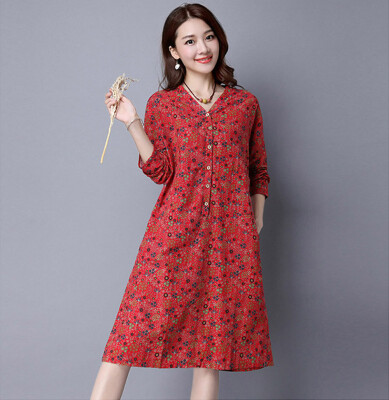 

3 Colors 2XL Plus Size Loose Dress 2016 Floral Print Cotton And Linen Dresses For Party Fashion Autumn Dresses