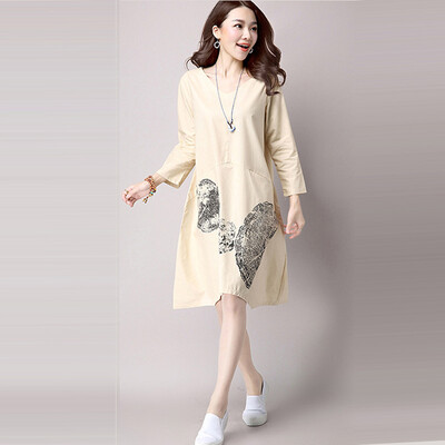 

M-2XL Plus Size 2016 Autumn Dress Fashion Chinese Style Print Three Quarter Women Dresses