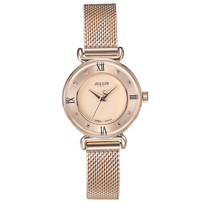 

Julius Watch Мода Серии Металлическая сетка Закаленное зеркало из стекла Водонепроницаемые кварцевые женские часы Розовое золото JA-728D