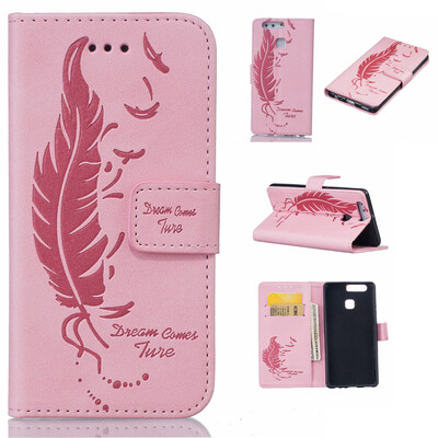 

Pink Plumes and birds Embossed PU Leather Wallet Case Classic Flip Cover with Stand Function and Credit Card Slot for HUAWEI P9