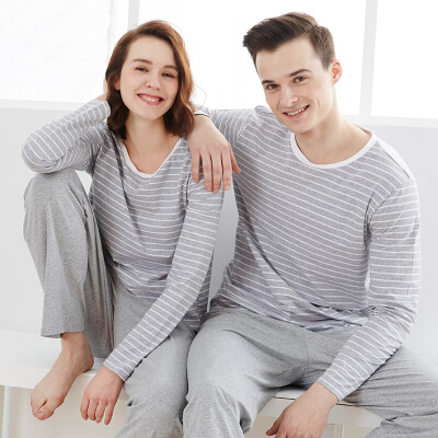 

Small nurse pajamas home service men and women cotton round neck stripes couple pajamas home service suit XXT006 comfortable breathable female - gray strip  (175/105