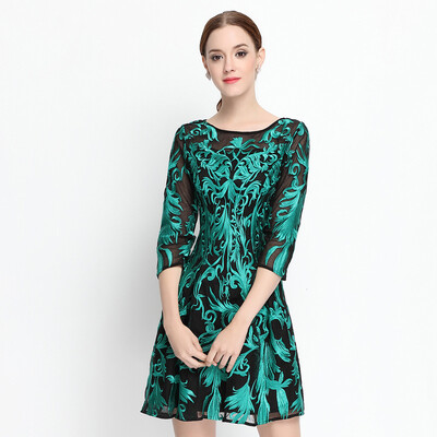 

Cute Women Lace Dress Trendy Embroidery Three Quarter O-Neck Spring Clothing