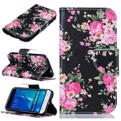 

Black flowers Design PU Leather Flip Cover Wallet Card Holder Case for SAMSUNG Galaxy J1 2016J120F