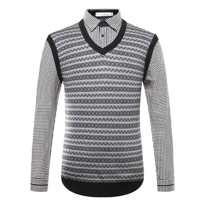 

Aston Men Business Fashion Knit Striped Fake Two Long Sleeve Shirt Black 170 / M A14416231