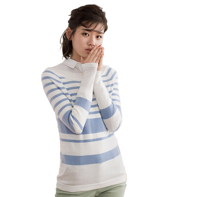 

INMAN 2017 spring new striped word collar collar sweater women light blue&white strip  1871302289