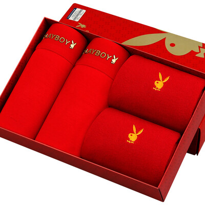 

Playboy Men Red Underwear Классические китайские брюки с красными брюками Мужские трусики Lucky Red Socks Подарочные коробки Big Red XXXL