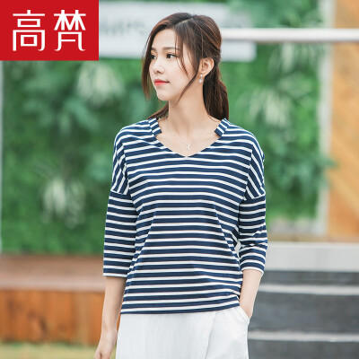 

High Vatican Korean version of the cotton striped women's seven-point sleeve t-shirt ladies sea soul primer shirt G1170012 white Tibetan green strip 160 / M