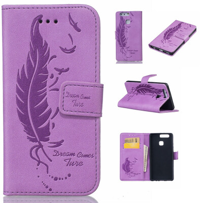 

Purple Plumes and birds Embossed PU Leather Wallet Case Classic Flip Cover with Stand Function and Credit Card Slot for HUAWEI P9