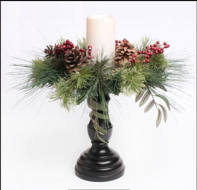 

DFL 16"H Brown Cedar Electronic Candles holder with Mixed Pine CenterpieceBattery Operated