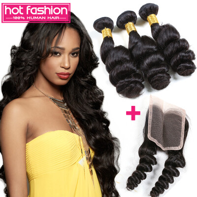 

Loose Wave One Bundle Lace Closure With 3 Bundles Peruvian Virgin Hair Total 3 Bundles Lot 100% Unprocessed Free Shipping