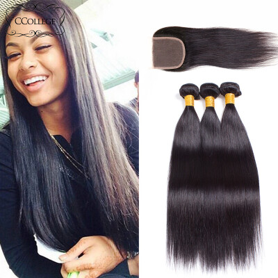 

Indian Virgin Hair With Lace Closure 3 Bundle Deals Grade 8A Unprocessed Virgin Straight Hair With Closure CCollege Hair Company