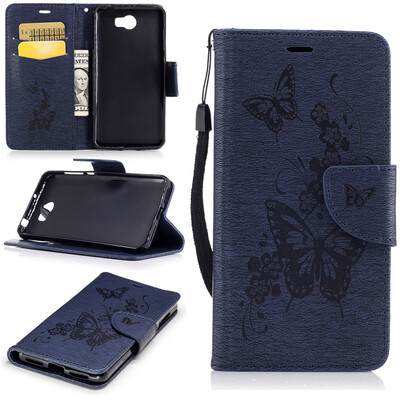 

Deep Blue Butterfly Style Embossing Classic Flip Cover with Stand Function and Credit Card Slot for Huawei Y5 II