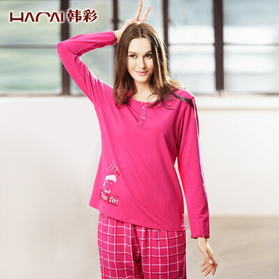 

Han Choi HACAI pajamas long sleeves modal thin cartoon printing round neck home clothing suit rose powder 16590 L
