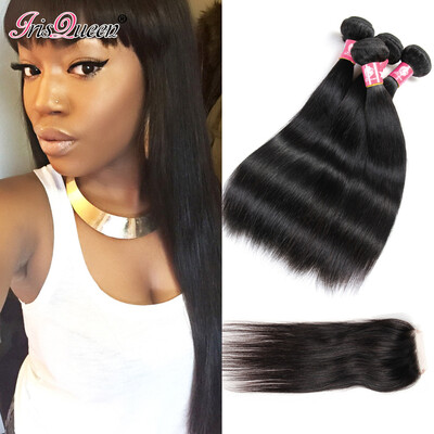 

Irisqueen Hair Peruvian Straight Hair 3 Bundles With Closure Natural Color Remy Hair 4 PcsLot Human Hair Bundles&Lace Closure