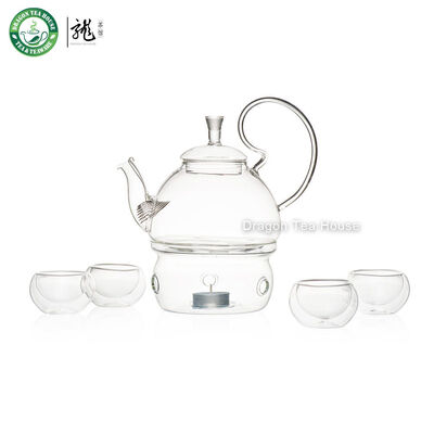 

Clear Glass Tea Set Teapot with Filter & Warmer & Four Double Wall Teacups
