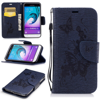 

Deep Blue Butterfly Style Embossing Classic Flip Cover with Stand Function and Credit Card Slot for Samsung Galaxy J3 2016/J310