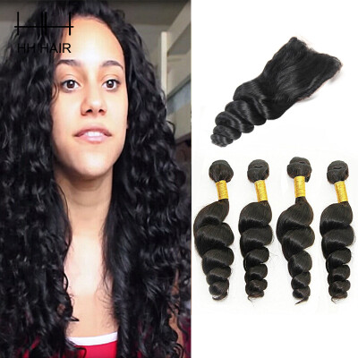 

Malaysian Loose Wave 4 Bundles With Closure Hair Bundles With 1pc 4x4 inch Lace Closure Malaysian Virgin Hair With Closure