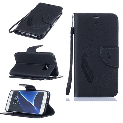 

Black Feathers and birds Style Embossing Classic Flip Cover with Stand Function and Credit Card Slot for SAMSUNG GALAXY S7