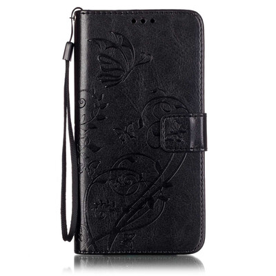 

Black Flower Design PU Leather Flip Cover Wallet Card Holder Case for MOTO G4